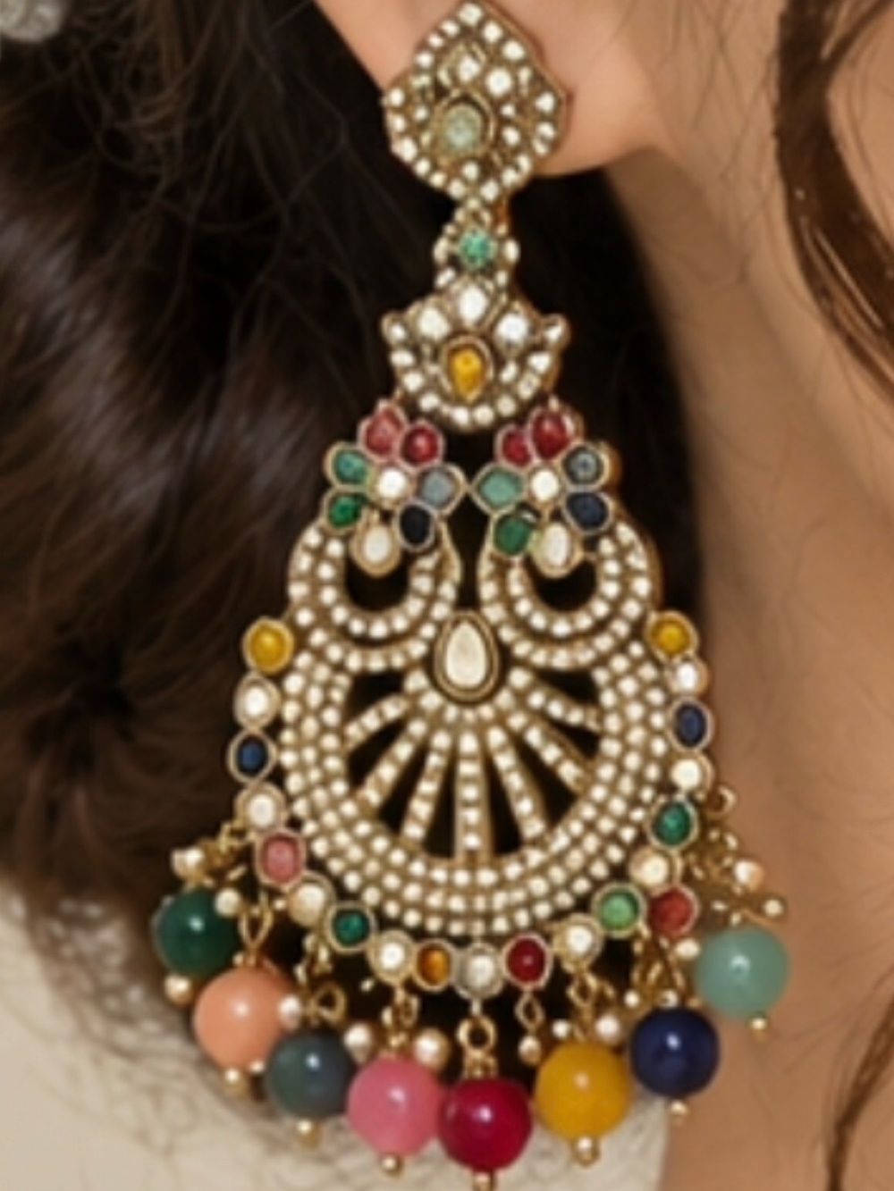 Earings multi color and head tika extra long earing with beads. Pre owned